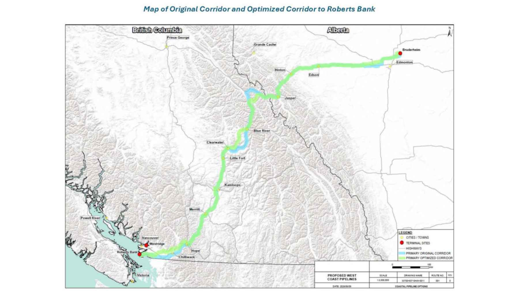 An industrial pipeline infrastructure corridor passing through a mountainous landscape in western Canada.