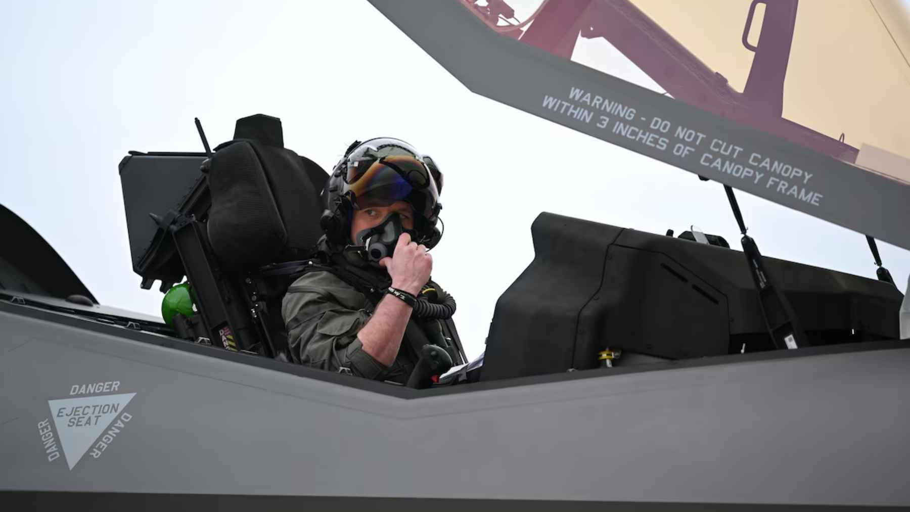 An F-35A Lightning II fighter jet parked on the flight line at Ebbing Air National Guard Base in Arkansas.