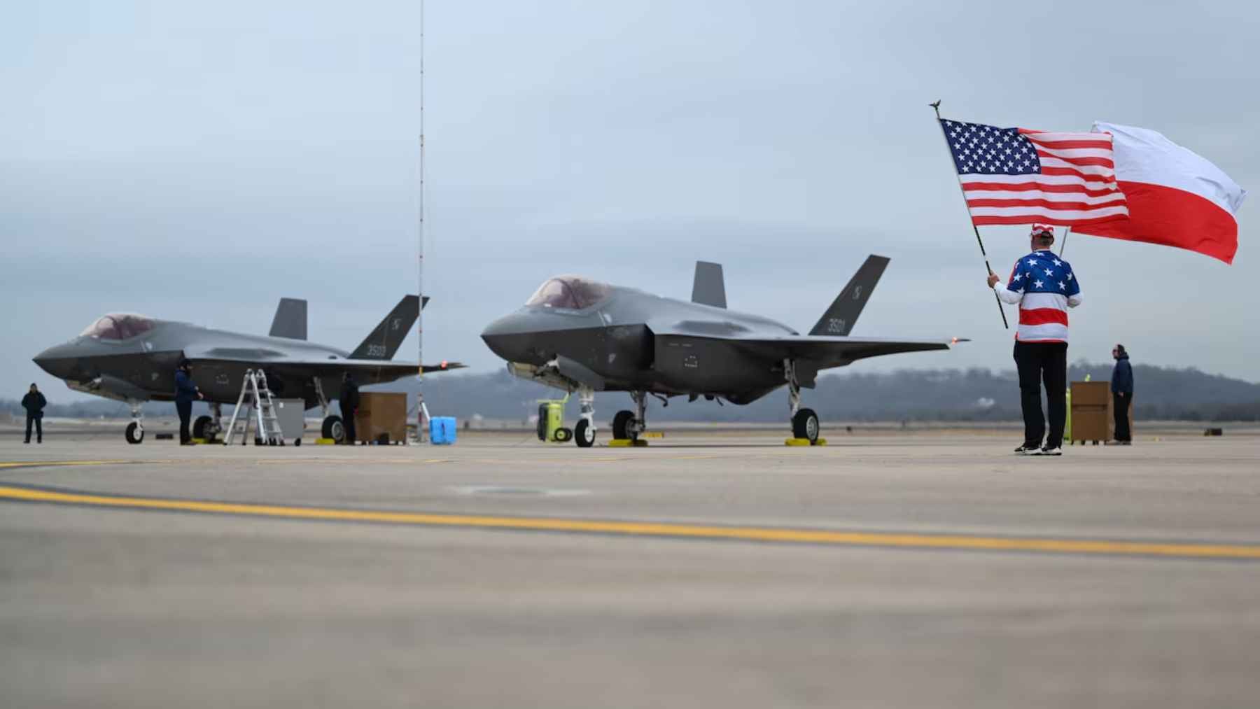 An F-35A Lightning II fighter jet parked on the flight line at Ebbing Air National Guard Base in Arkansas.