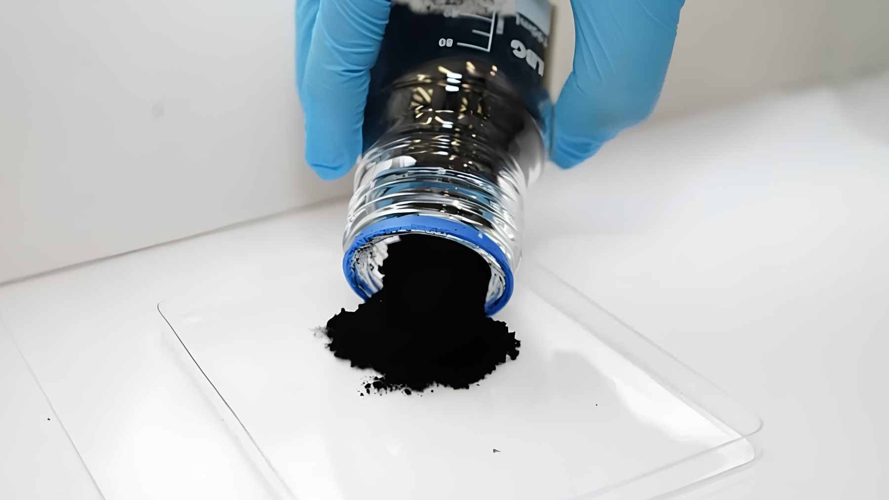 A laboratory sample of advanced graphene-based powder developed by GTechPlasma for radar absorption and stealth applications.