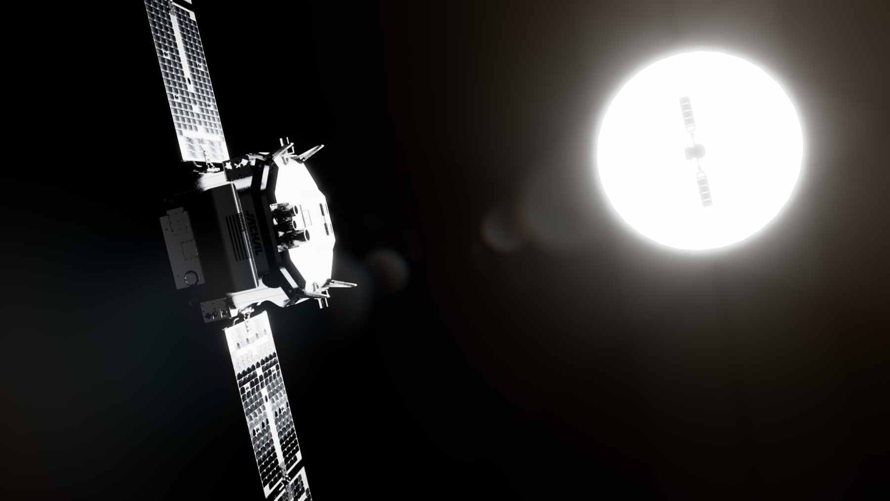 A high-tech private spacecraft tracking and approaching another satellite during an orbital demonstration mission.