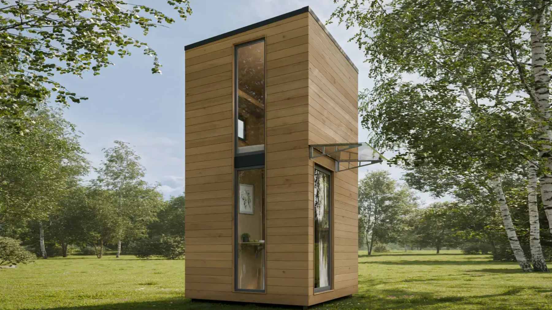 This skyscraper-style tiny house sleeps two in a footprint smaller than you'd think: how it stacks rooms instead of spreading out 1 A vertical view of the La Ruche tiny house, showing its compact, two-story wooden design intended for garden studio use.