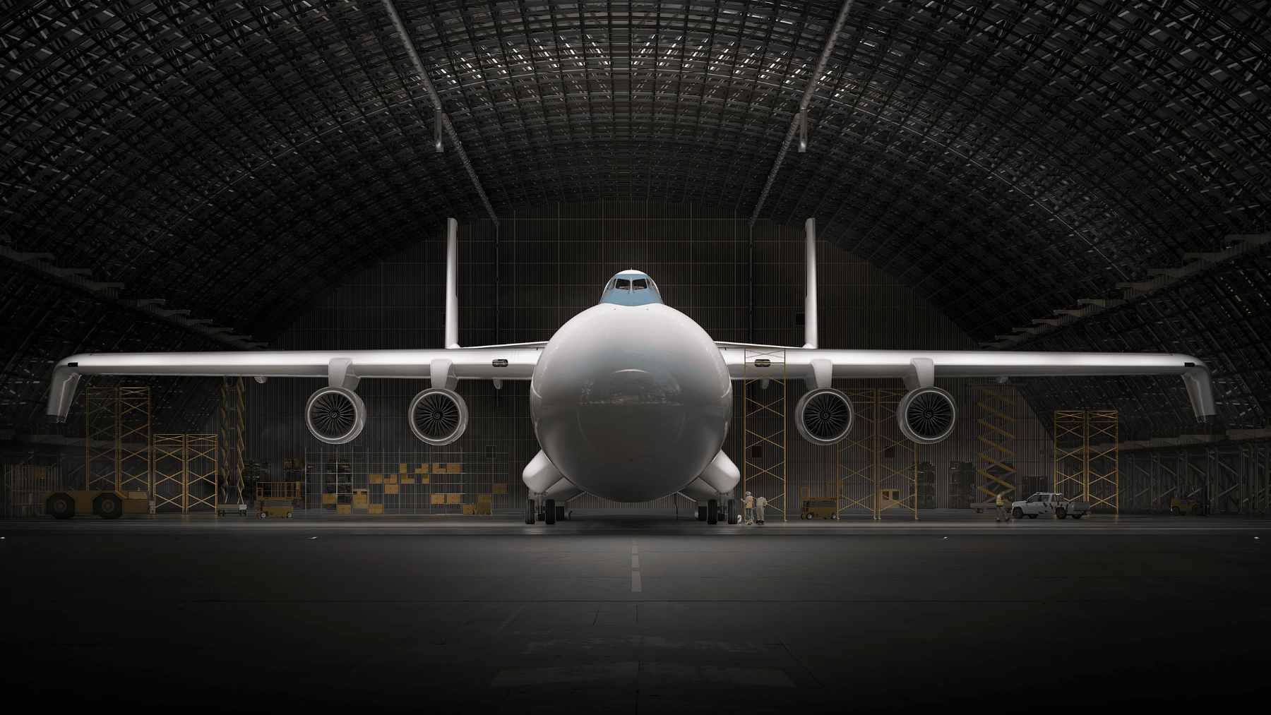 A digital rendering of the massive Radia WindRunner cargo aircraft, showing its vast fuselage designed to transport oversized wind turbine blades and fighter jets.