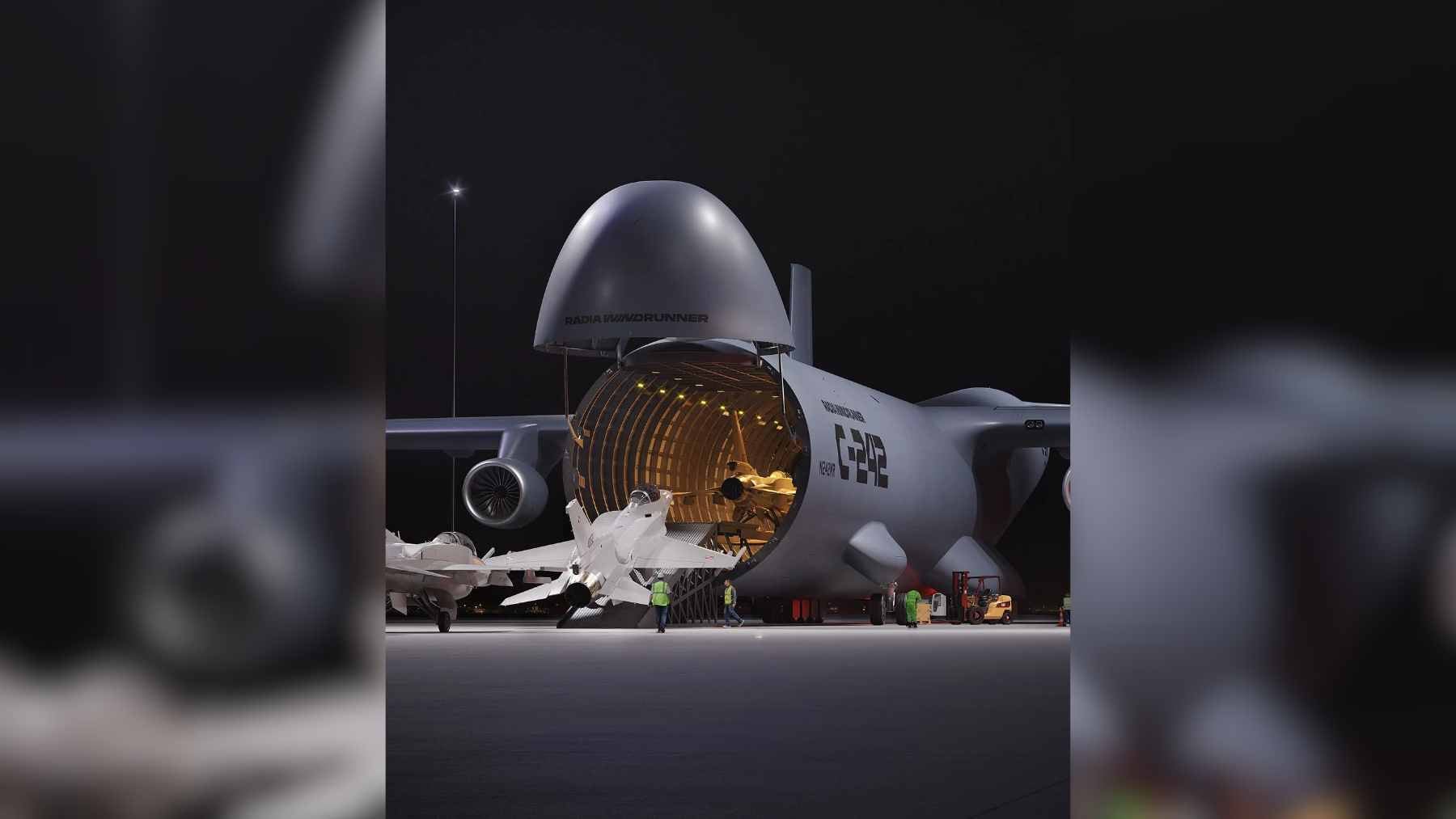 American and Italian engineers are designing the largest aircraft ever built, and it could carry an entire F-16 inside 2 A conceptual rendering of the Radia WindRunner, a massive cargo aircraft designed to transport outsized loads like wind turbine blades and fighter jets.
