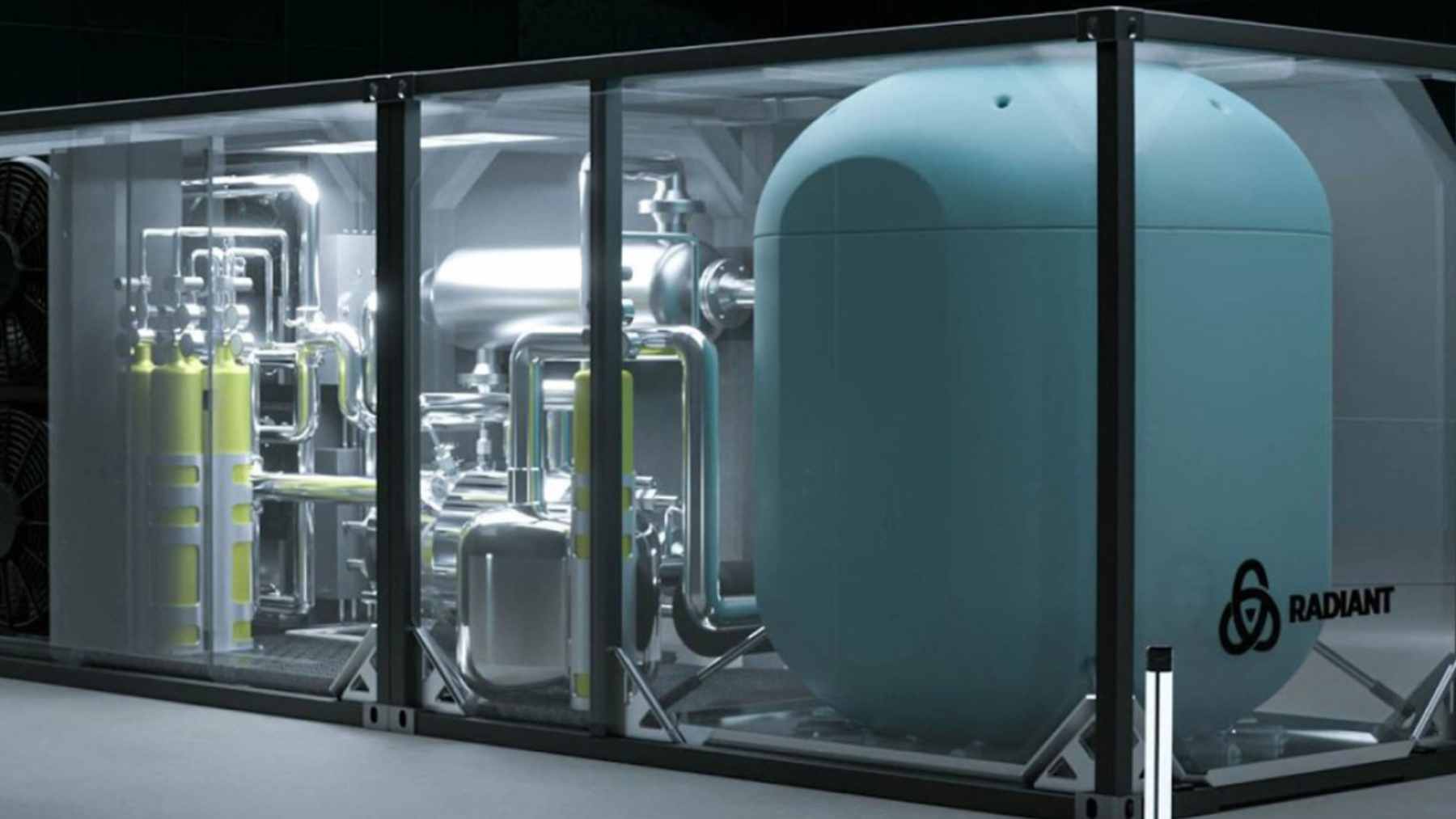 A structural rendering of the Radiant Kaleidos portable nuclear microreactor designed for rapid transport and remote power generation.