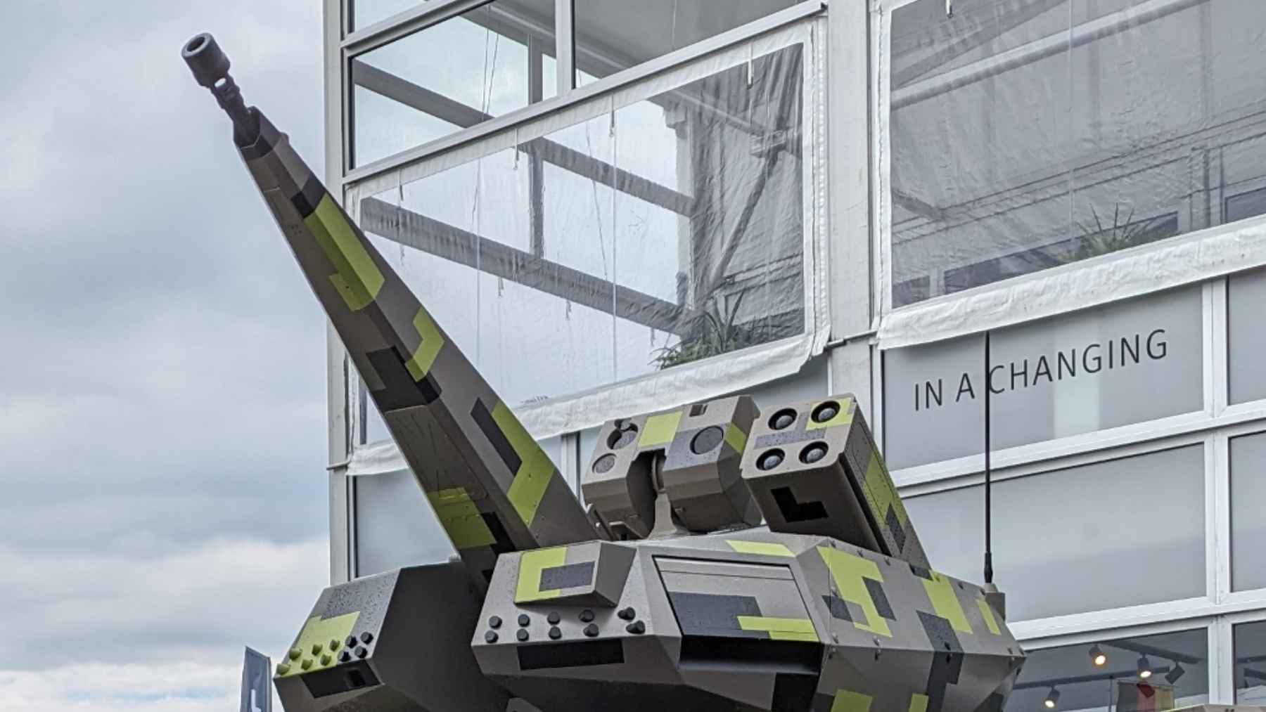 A Rheinmetall Skyranger mobile air defense turret system equipped with a rapid-fire cannon and sensors, representing advanced short-range anti-drone technology.