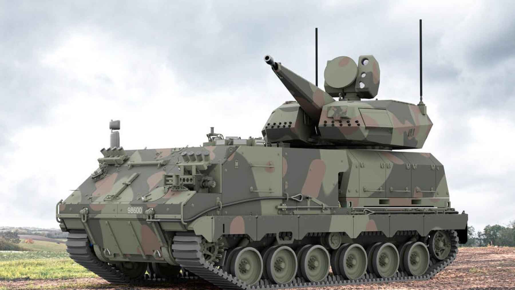 A Rheinmetall Skyranger air-defense turret mounted on a military vehicle during a live demonstration.