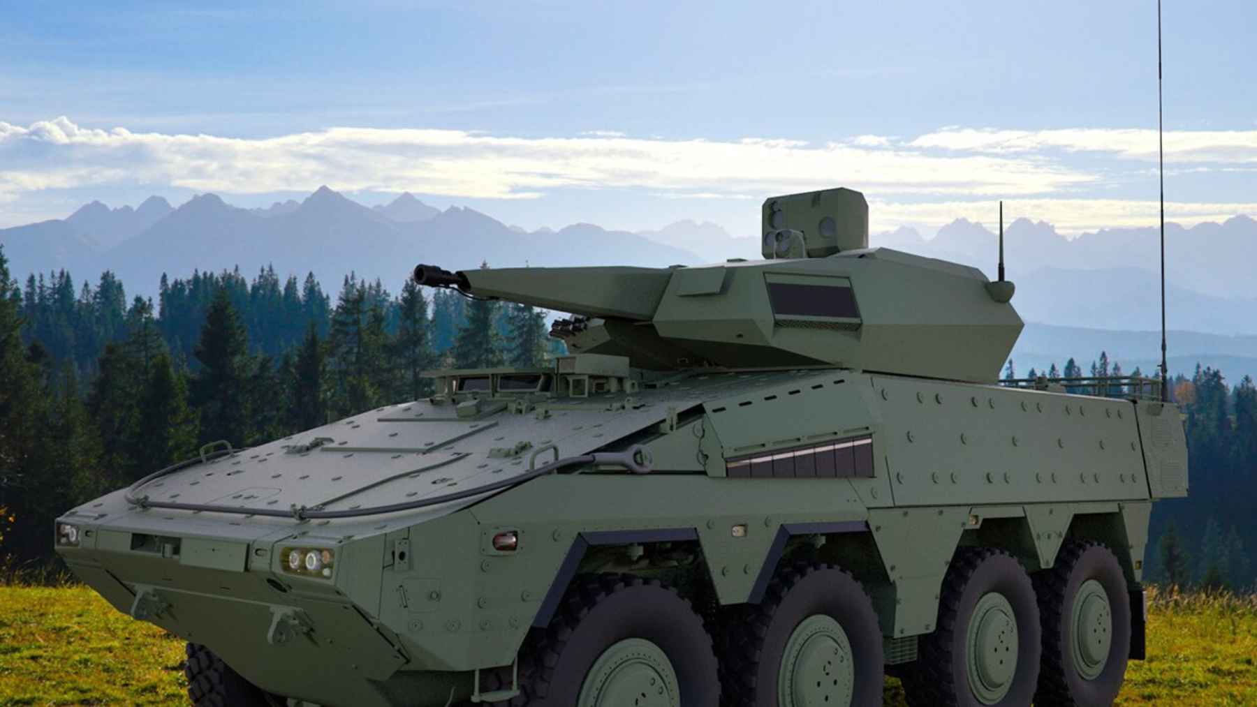 A Rheinmetall Skyranger air-defense turret mounted on a military vehicle during a live demonstration.