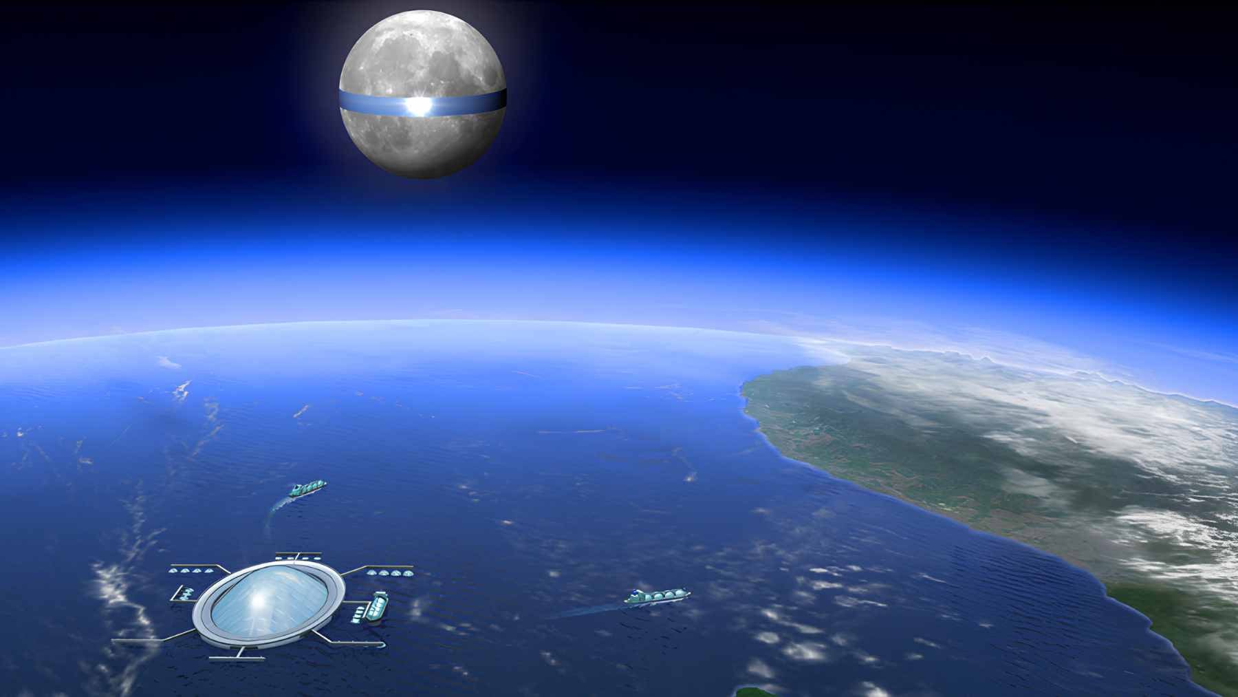 Concept visualization of the Luna Ring, a massive solar panel belt encircling the Moon's equator to transmit clean energy to Earth.