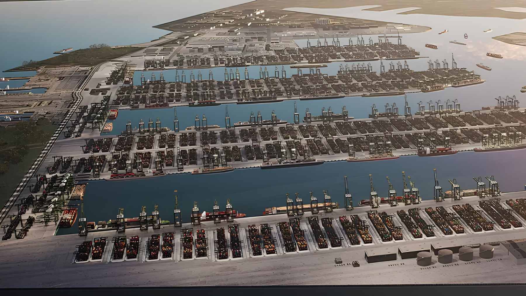 Massive concrete caissons installed along the coastline to form a seawall for the automated Tuas Port expansion in Singapore.
