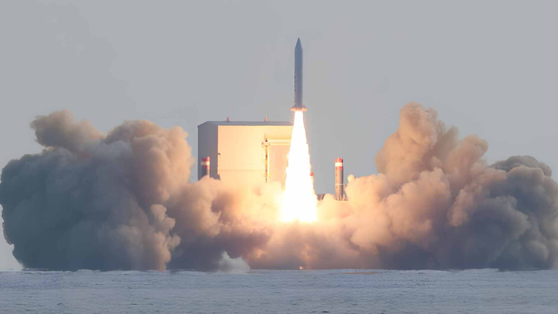 South Korea’s solid-fuel space launch vehicle preparing for a test flight from a sea barge off the coast of Jeju Island.