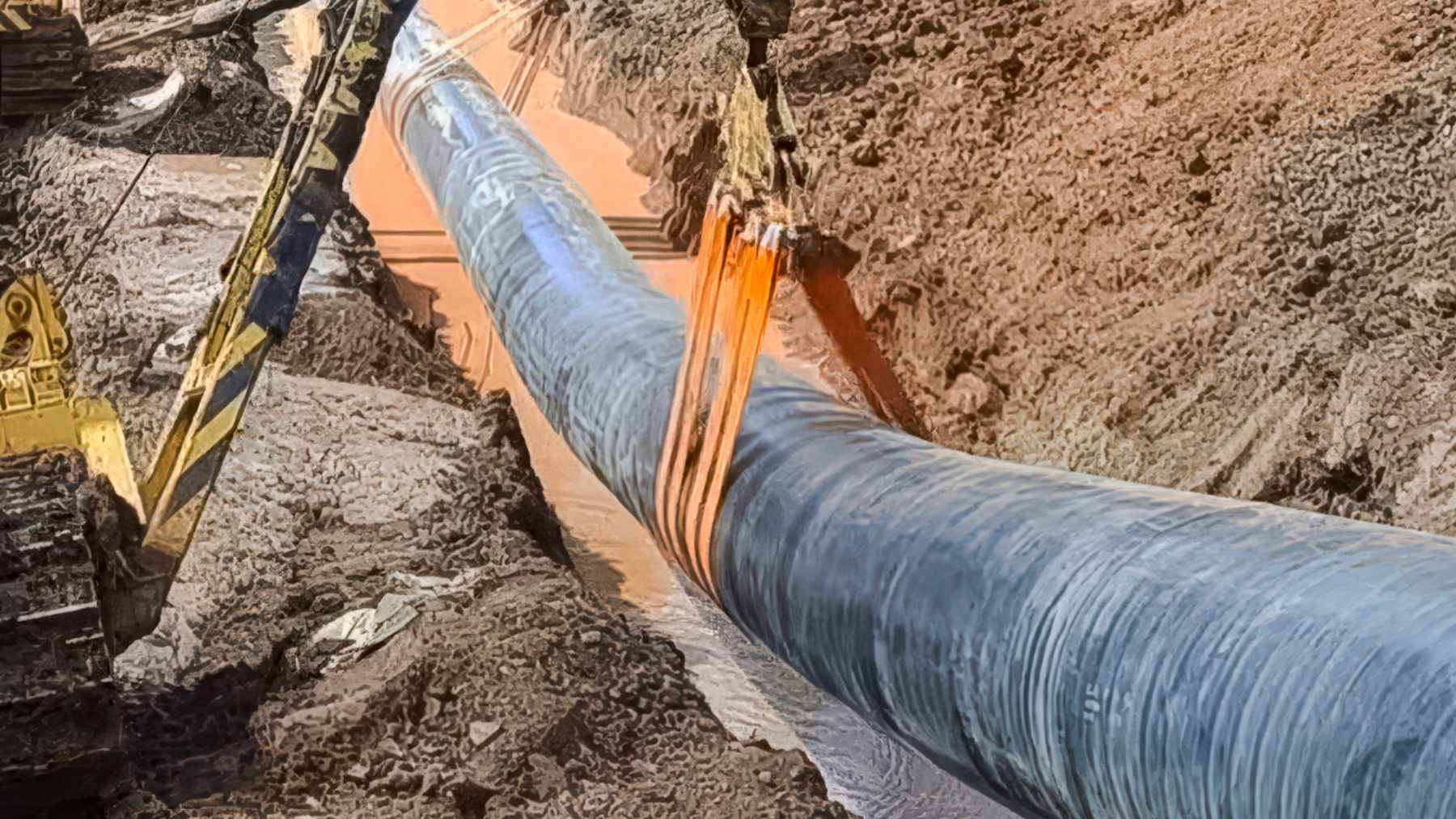 Construction machinery and surveying equipment at the site of the Starpipe natural gas transmission line near SpaceX Starbase.