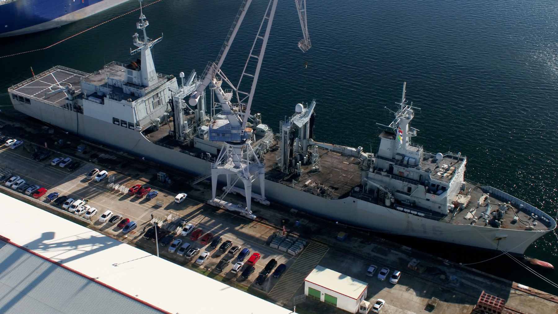 The F111 Bonifaz, the first F-110 class frigate, being prepared for its 2028 delivery at Navantia’s shipyard in Ferrol.