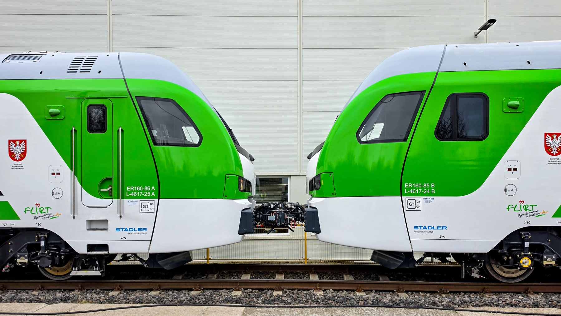 The new Stadler hydrogen-powered narrow-gauge train displayed at the commissioning center in Erlen, Switzerland.