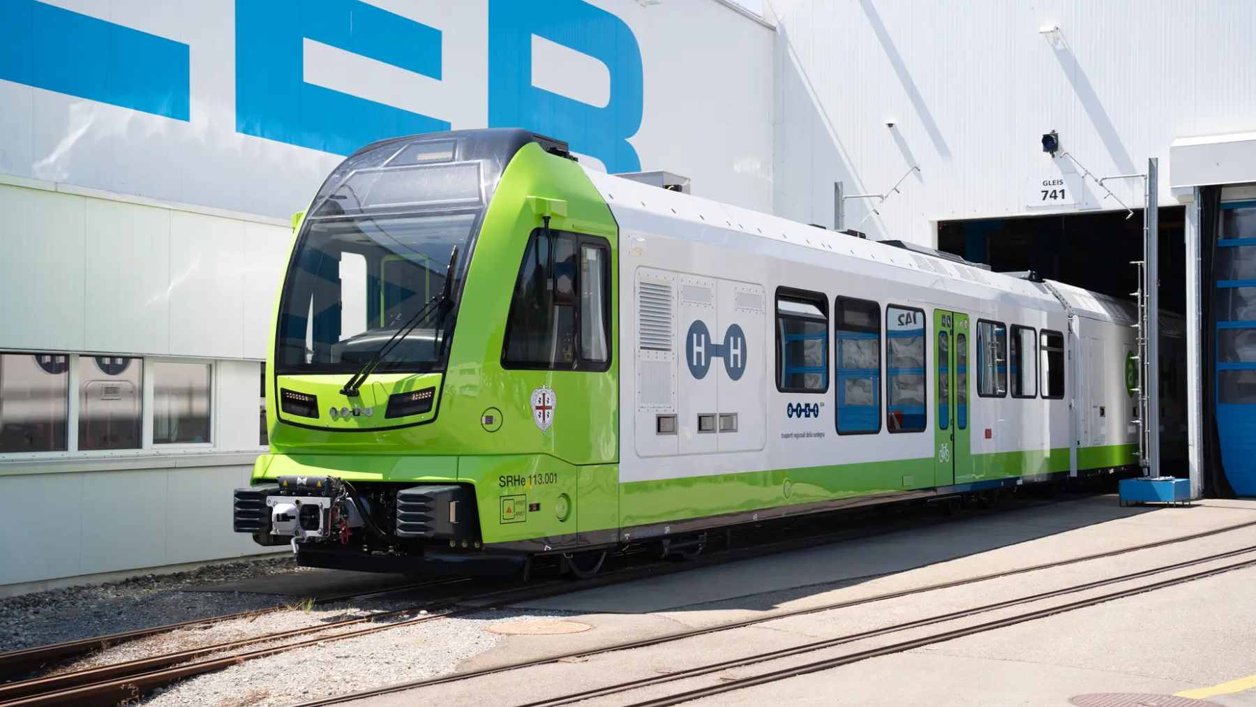 The new Stadler hydrogen-powered narrow-gauge train displayed at the commissioning center in Erlen, Switzerland.
