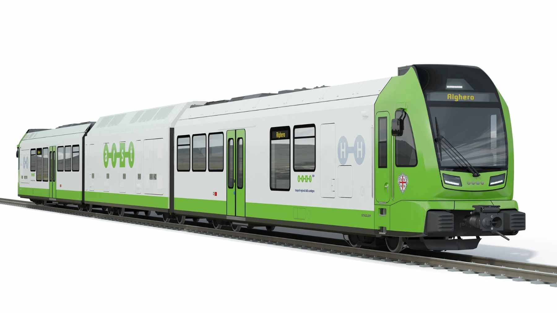 The world's first narrow-gauge hydrogen-powered train, unveiled by Stadler and ARST, featuring a centralized 'Power Pack' car.  