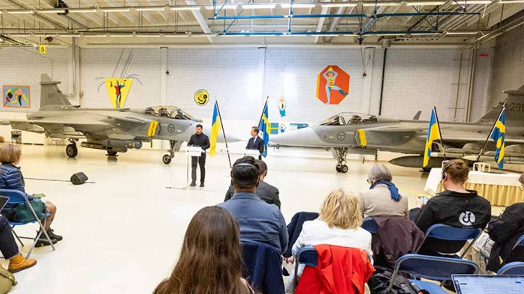 A Swedish Saab Gripen E fighter jet in flight, representing the advanced air defense capabilities being delivered to Ukraine.