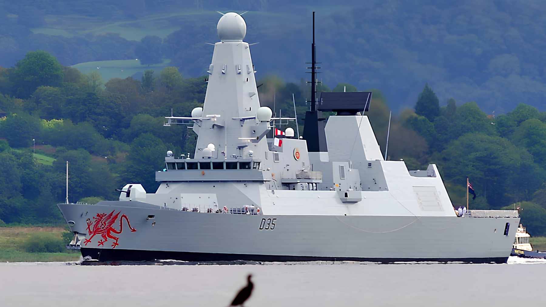 A digital rendering of the DragonFire high-energy laser system mounted on the deck of a Royal Navy Type 45 destroyer.