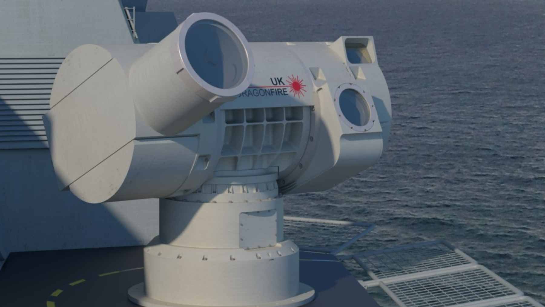 A digital rendering of the DragonFire high-energy laser system mounted on the deck of a Royal Navy Type 45 destroyer.