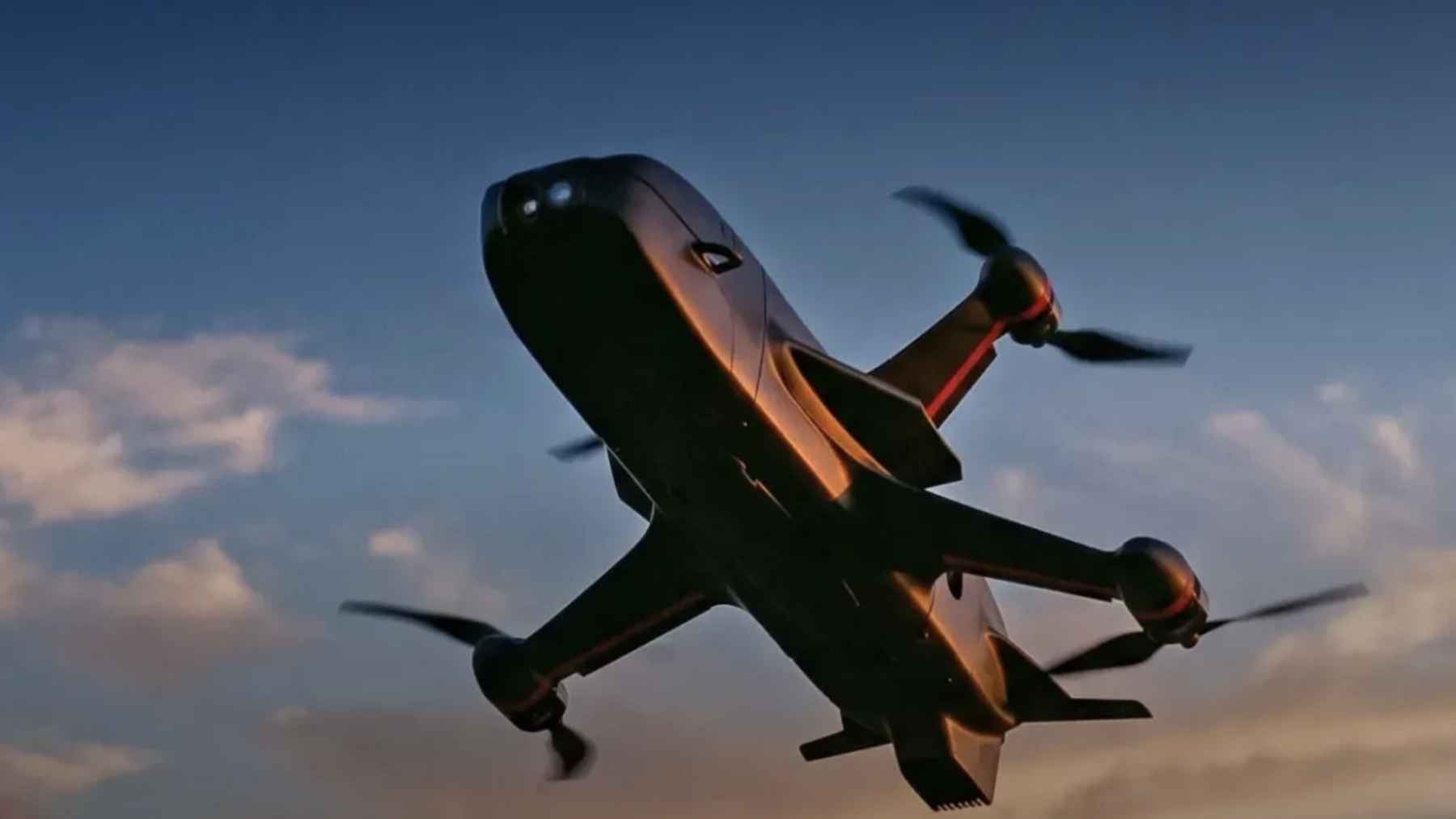 A first-person-view defense drone on display during an advanced technology and aerospace manufacturing demonstration.