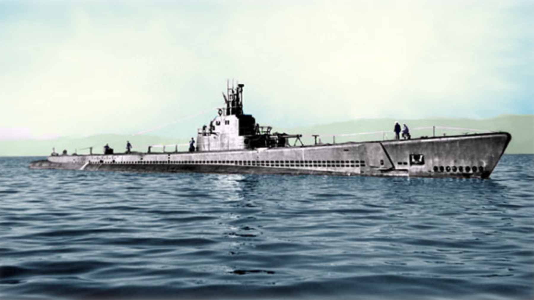 A sonar scan image of the USS Herring (SS-233) resting upright on the seafloor near Matsuwa Island.