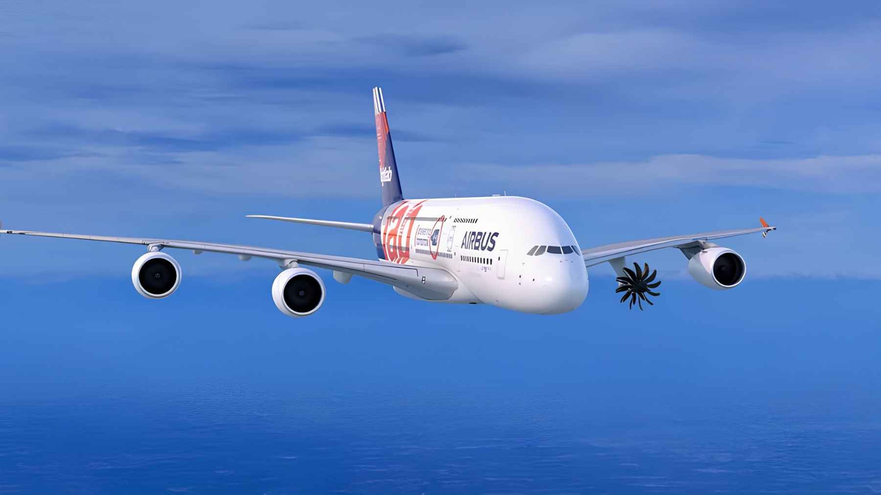 An Airbus A380 test aircraft fitted with an exposed-blade Open Fan engine mounted on its wing for flight testing.