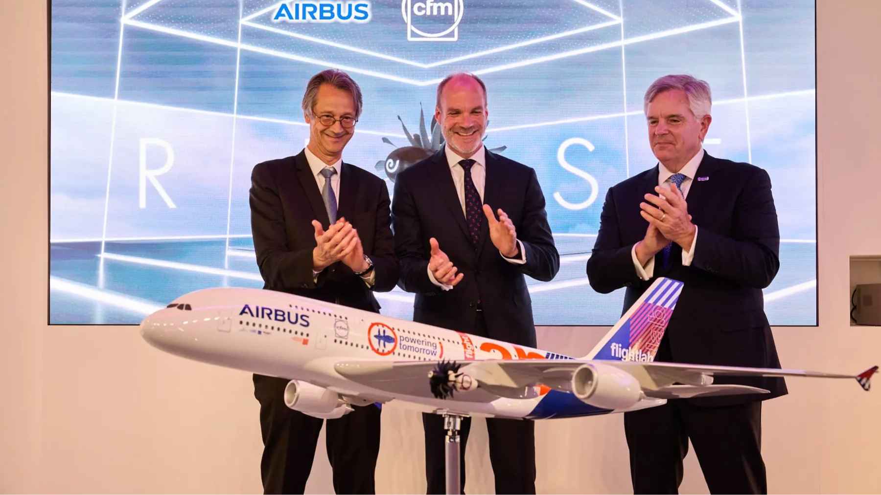 Airbus is bolting an engine with no casing around its fan onto an A380, and noise is the easy part 2 The Airbus A380 Flight Lab equipped with CFM International's open fan engine, representing advanced aerospace propulsion testing.