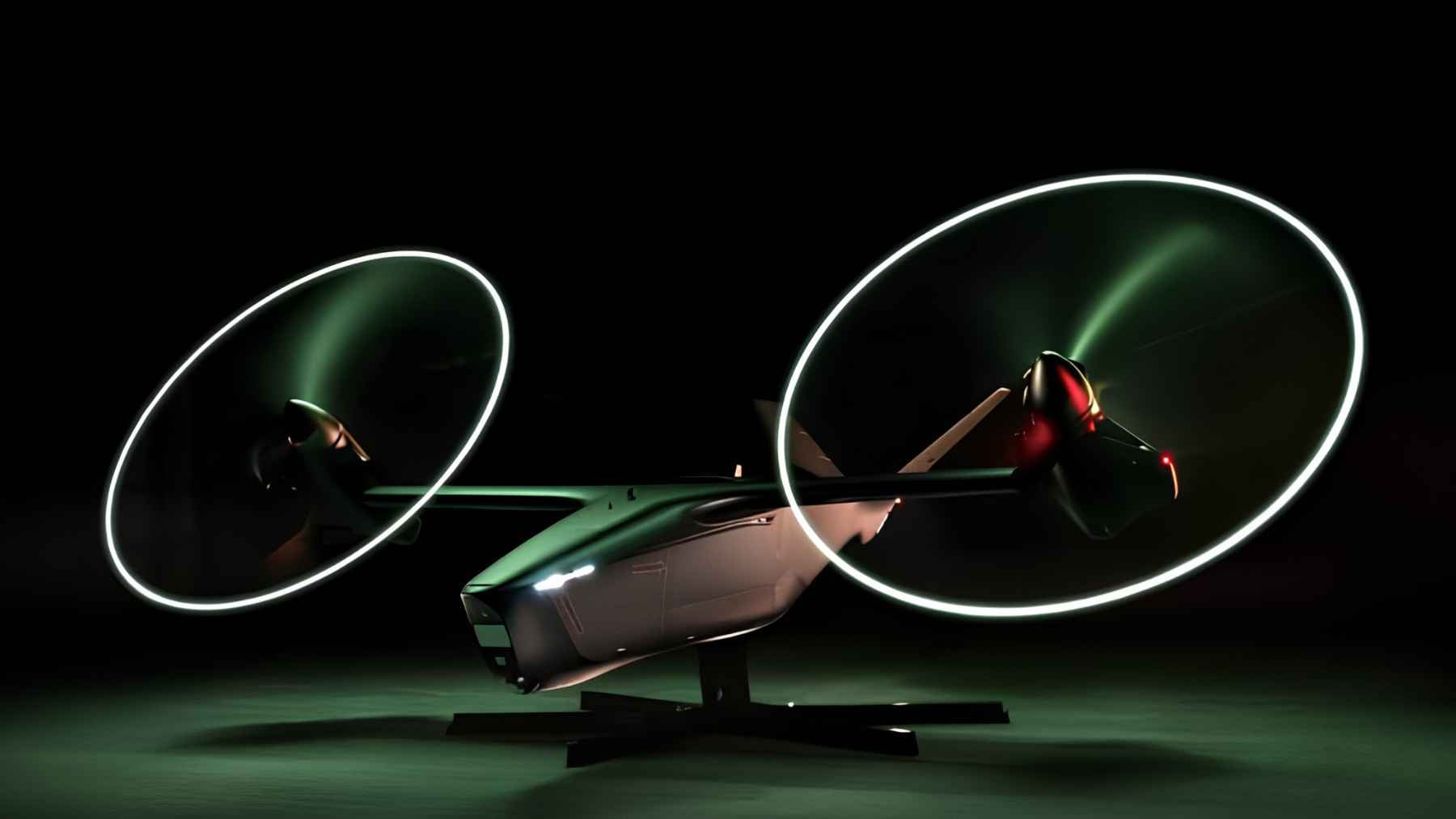 A high-tech digital rendering of the Thunder armed autonomous drone gunship designed to operate alongside military helicopters.