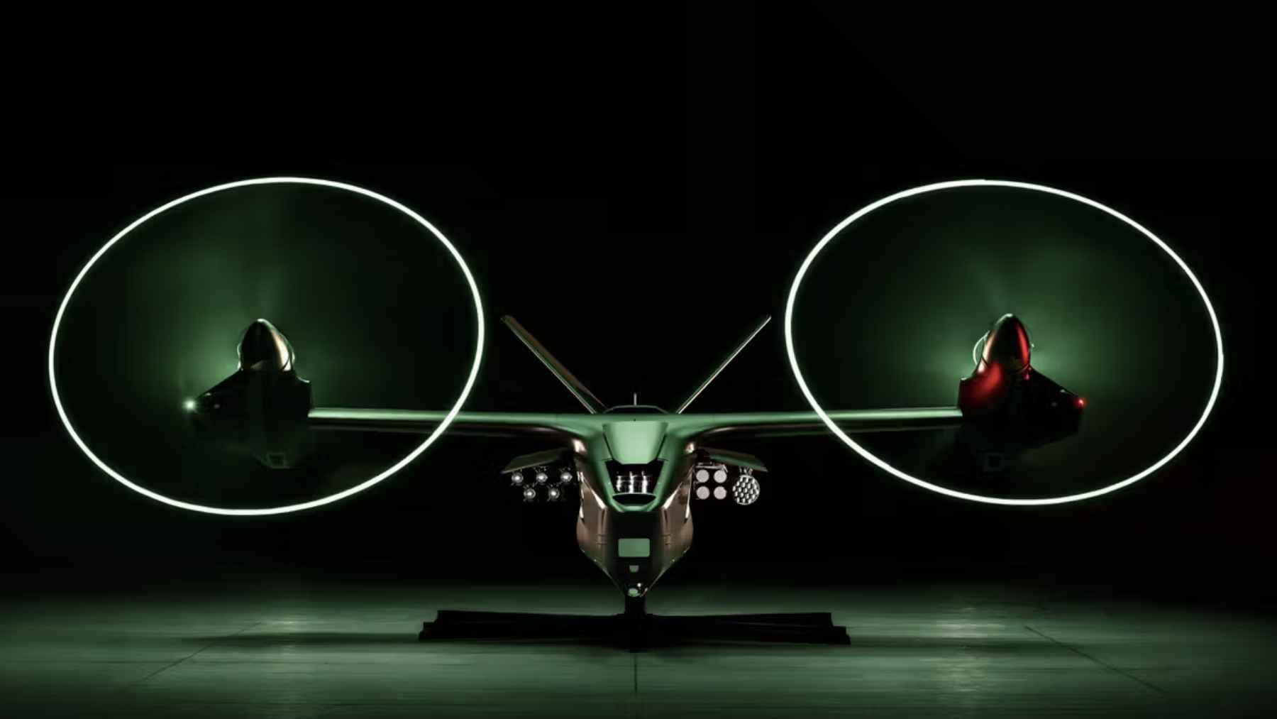 A high-tech digital rendering of the Thunder armed autonomous drone gunship designed to operate alongside military helicopters.