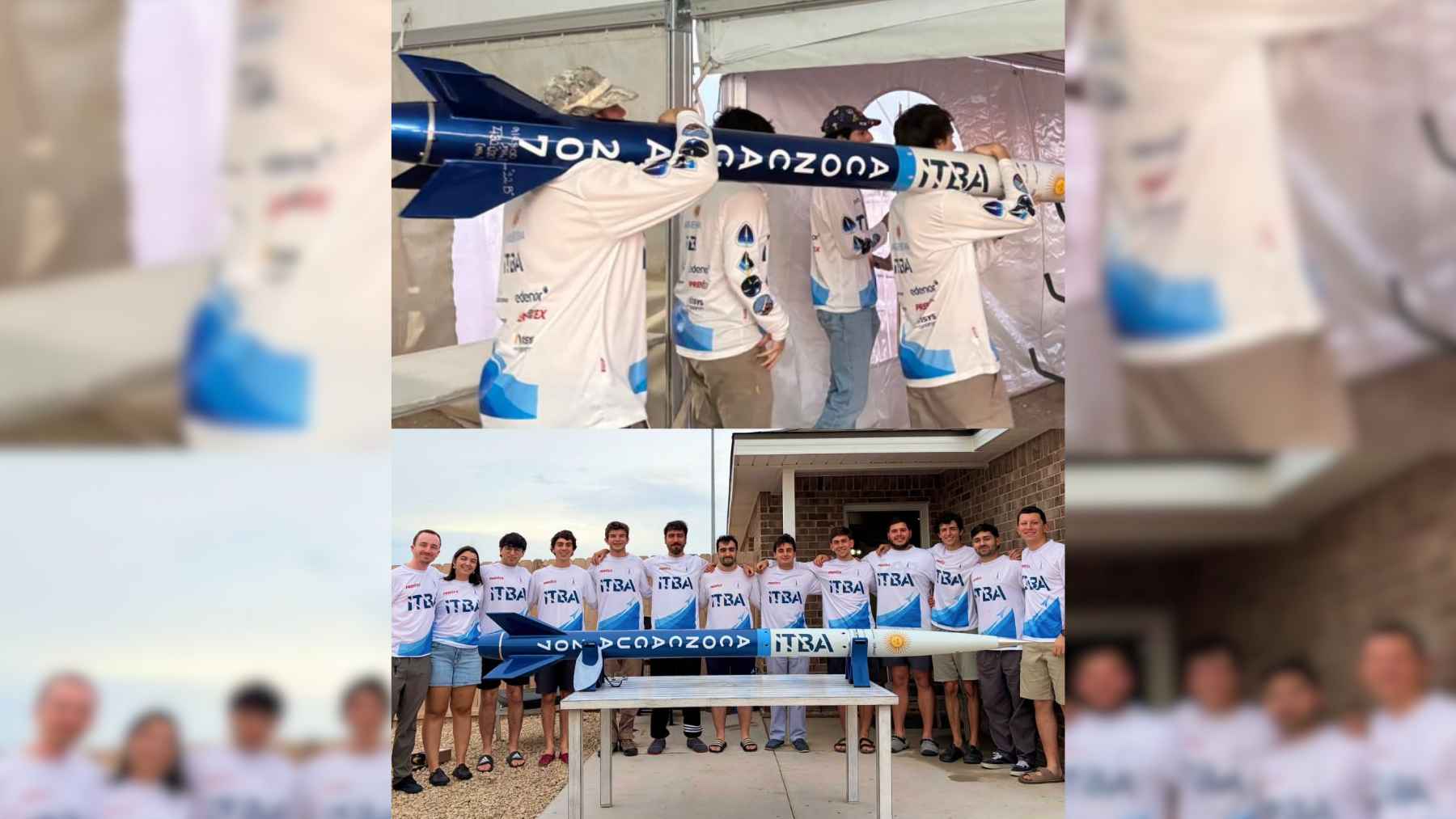 The Aconcagua student-designed rocket standing on the launch pad, representing aerospace engineering competition and university rocketry success.