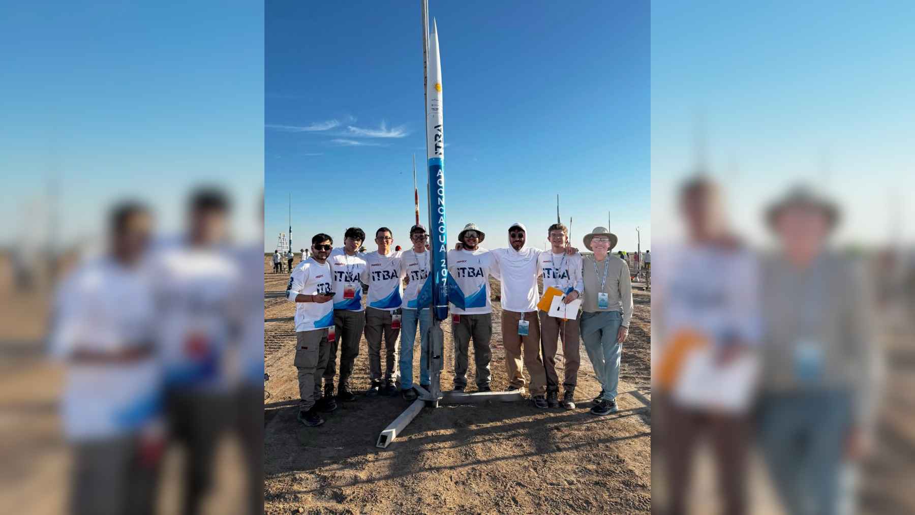 The ITBA rocketry team posing with their award-winning Aconcagua rocket at an international engineering competition.