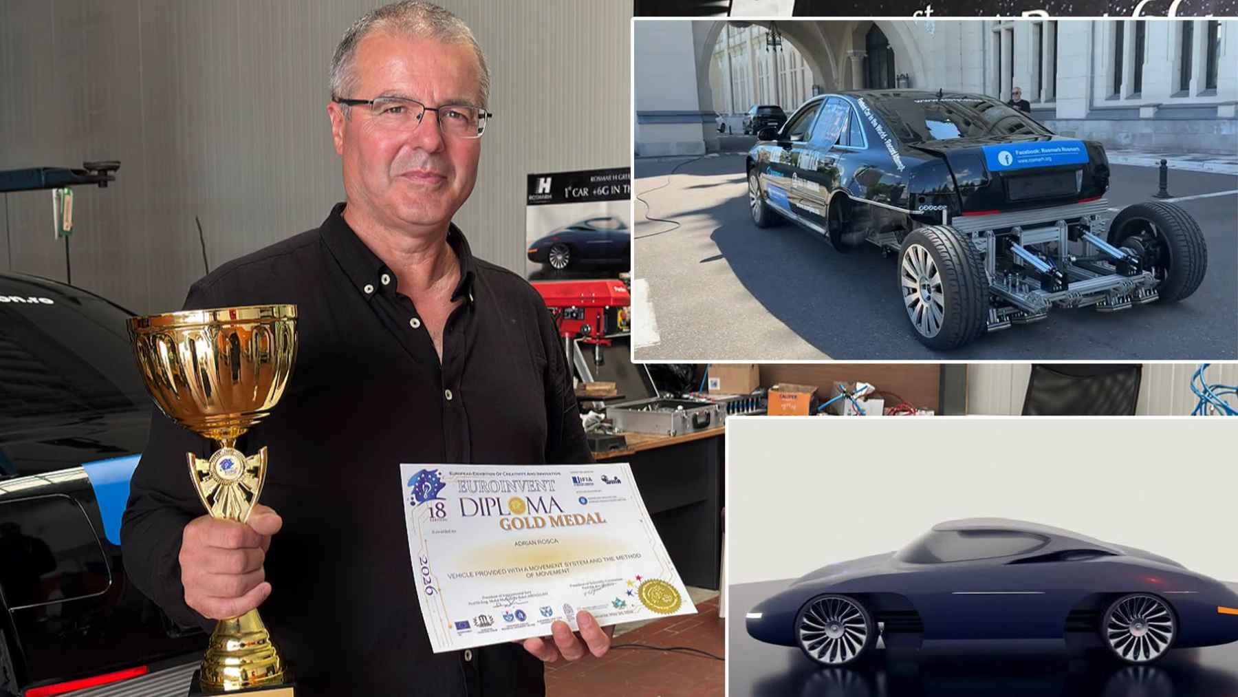 A Romanian built an Audi A8 that moves on pneumatic rams instead of an engine, and he did it in a village workshop 2 A modified Audi A8 prototype in a village workshop, featuring a pneumatic ram system and sliding rear wheels designed for experimental vehicle movement.