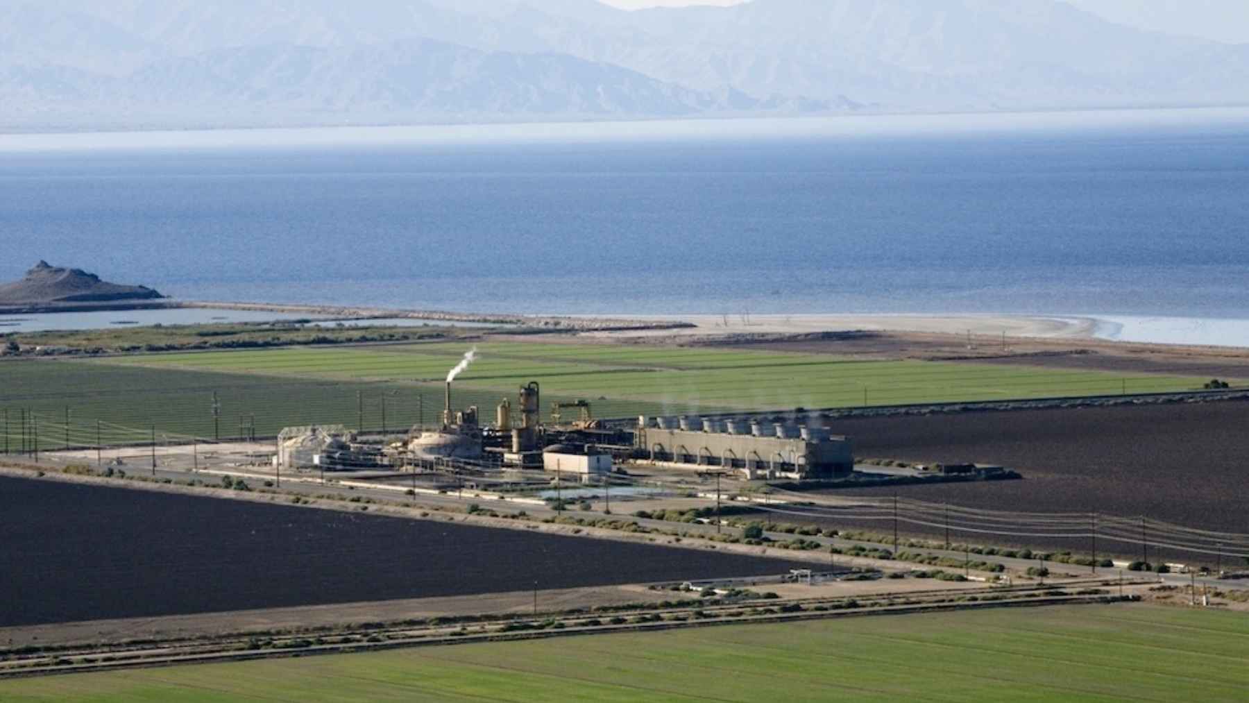 Geothermal power plant facilities operating near the Salton Sea in California to extract mineral-rich brine.