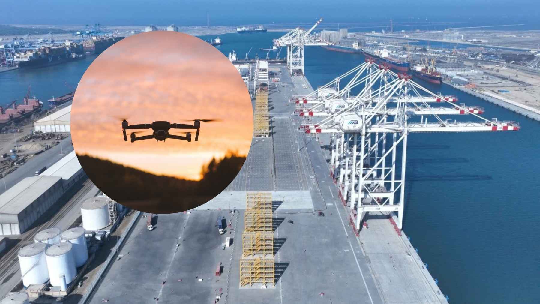 Emergency response teams and gas vessels stationed at Damietta Port following a drone incident in Egypt.