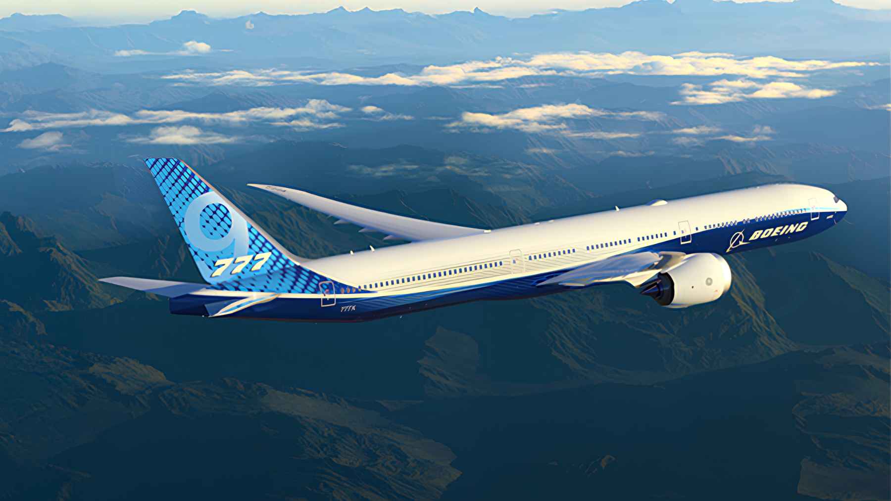 A Boeing 777X widebody passenger aircraft in flight, showcasing its modern composite wings and engines.