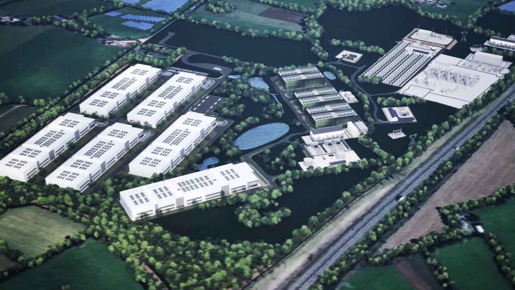 A large rural farmland landscape in Ireland proposed for a massive data center and solar farm development.