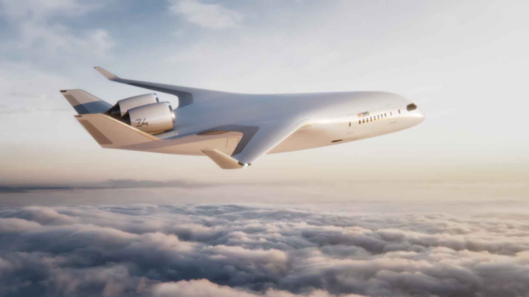 A digital rendering of the JetZero Z4 blended-wing body commercial airliner in flight.