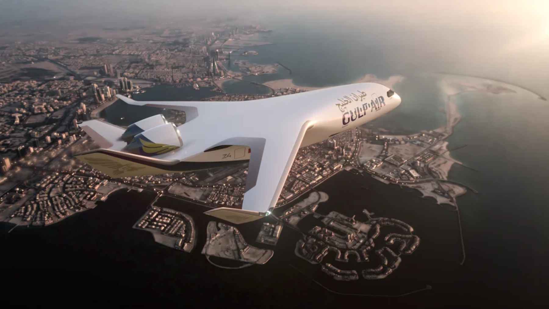 A digital rendering of the JetZero Z4 blended-wing-body commercial airliner in flight, showcasing its innovative aerodynamic design.