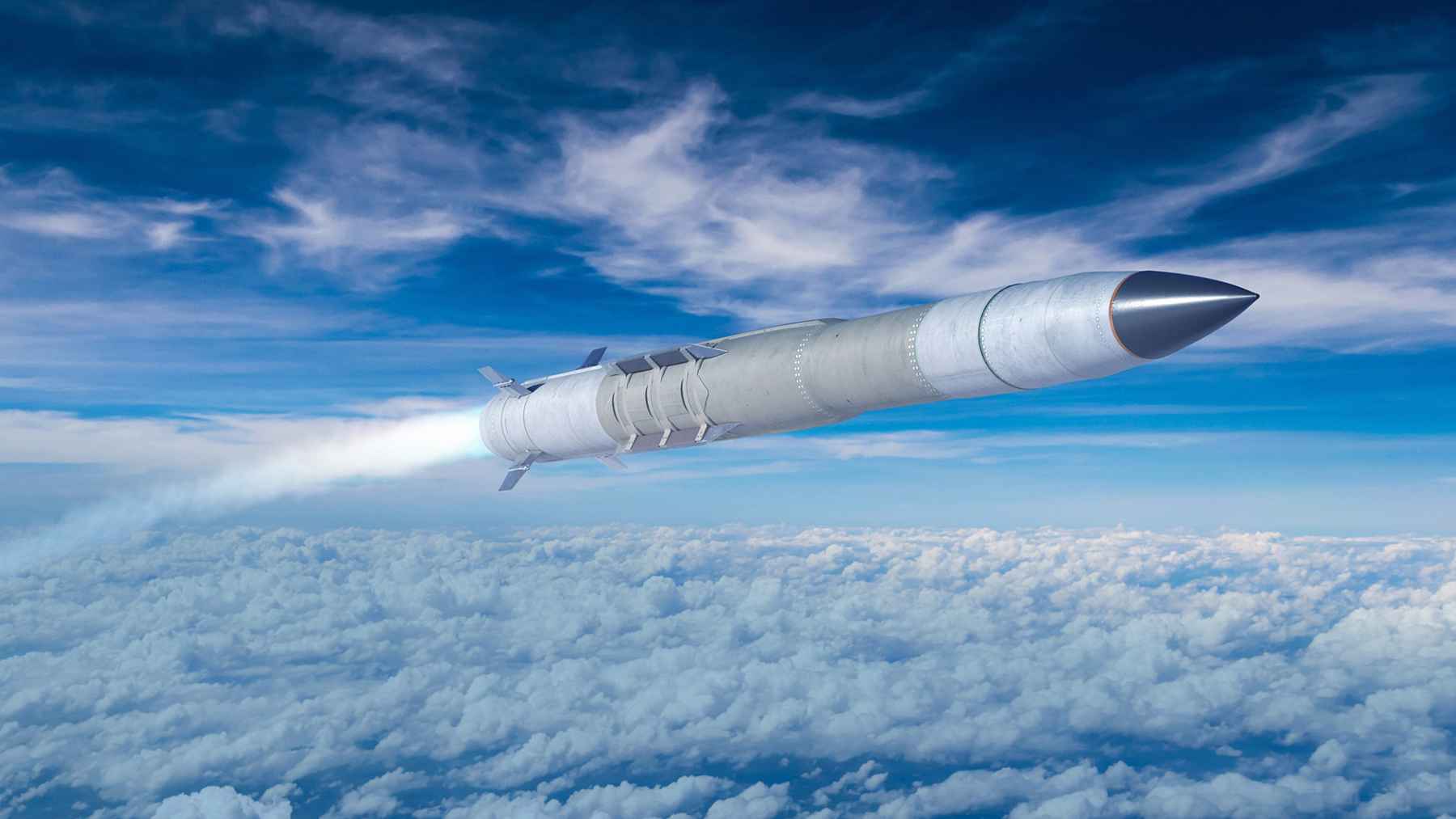 A PAC-3 missile interceptor canister displayed by Lockheed Martin for air and missile defense systems.