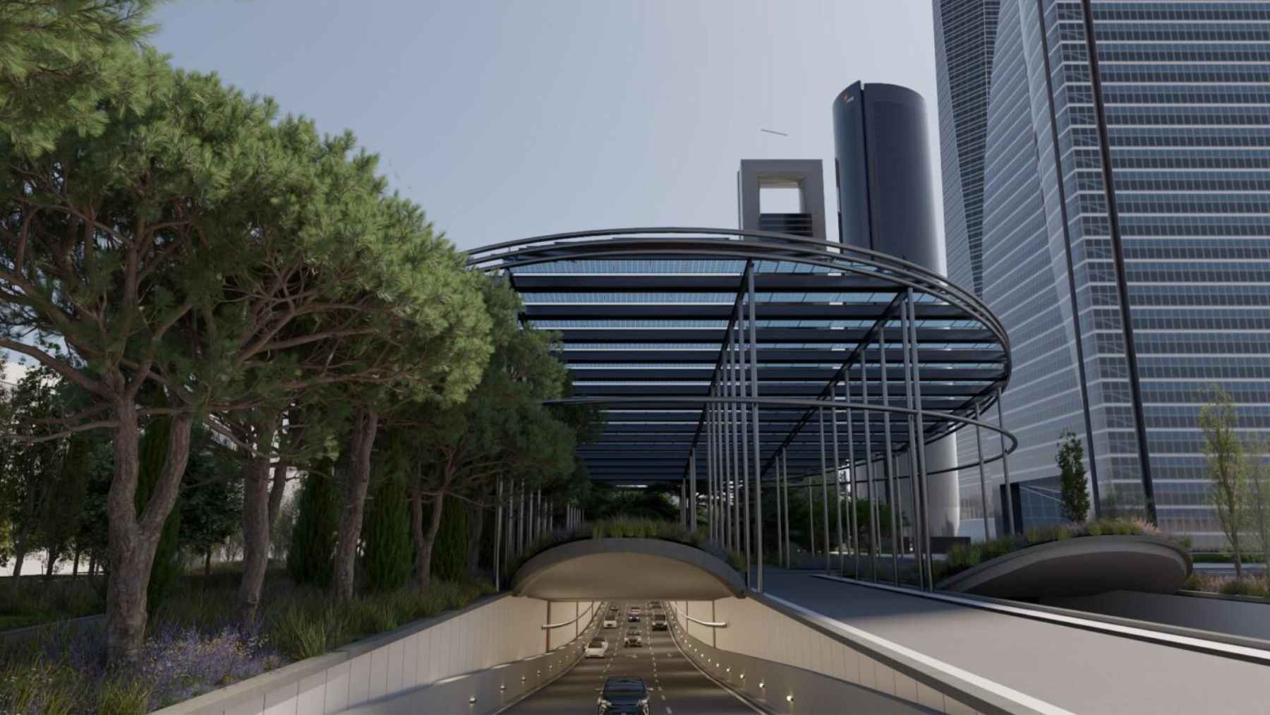 Construction work and the entrance of Madrid's new Castellana underground road tunnel, featuring AI monitoring and surface-level urban park planning.