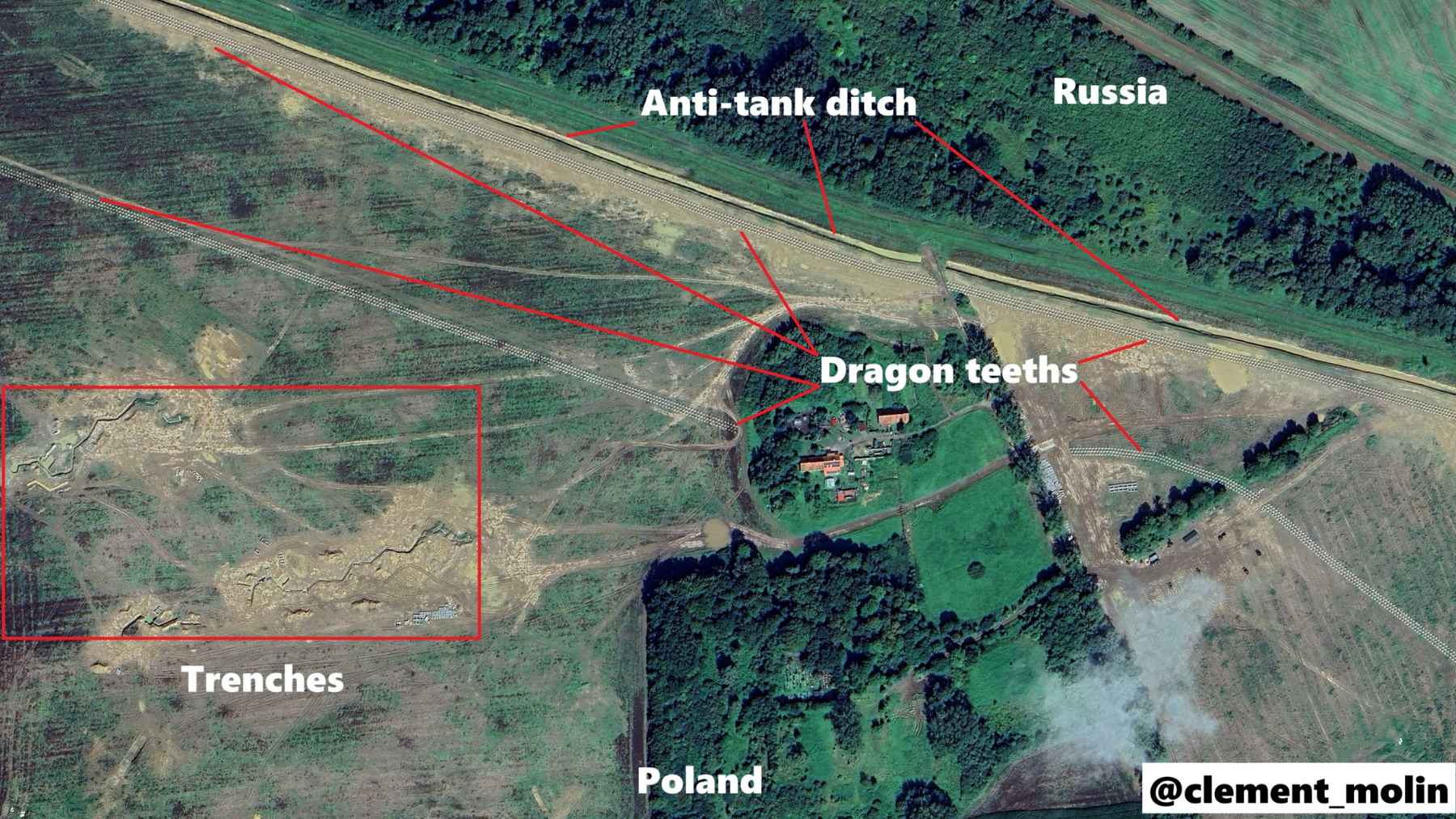 Poland promised a 700-kilometer shield against Russia, but satellites show only 10 kilometers of it actually built 1 Anti-tank concrete dragon's teeth obstacles and defensive trench fortifications positioned near a forested border.