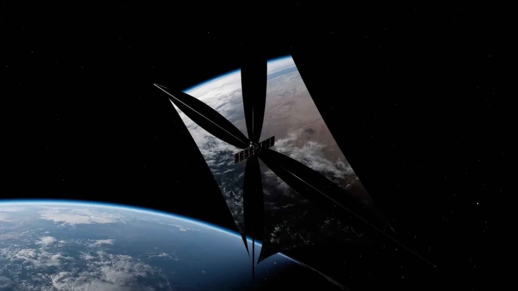 A rendering of a Reflect Orbital satellite in orbit with a reflective mirror steering sunlight toward Earth.