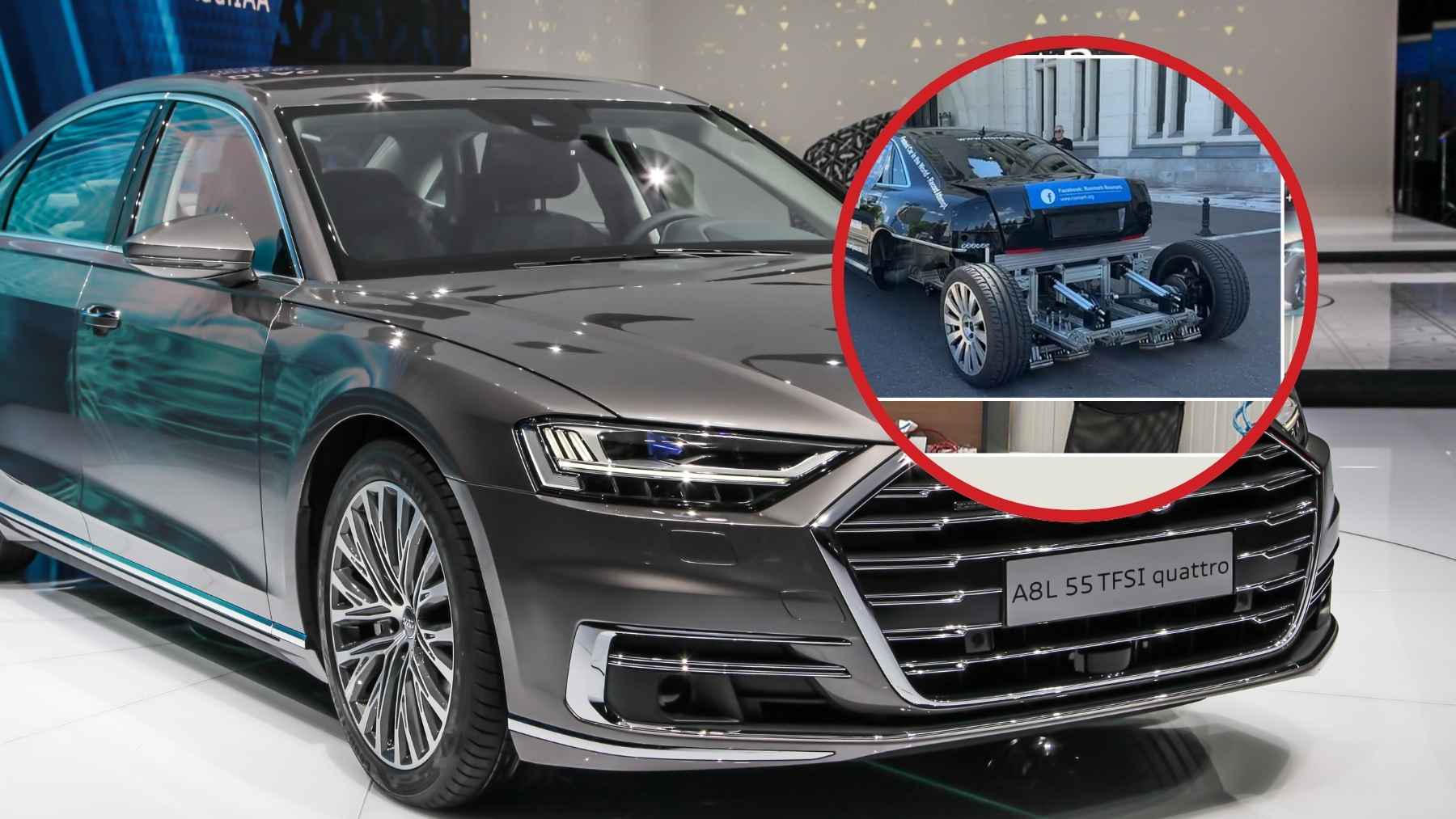 A stripped Audi A8 prototype modified with pneumatic rams and sliding wheels in a Romanian workshop.