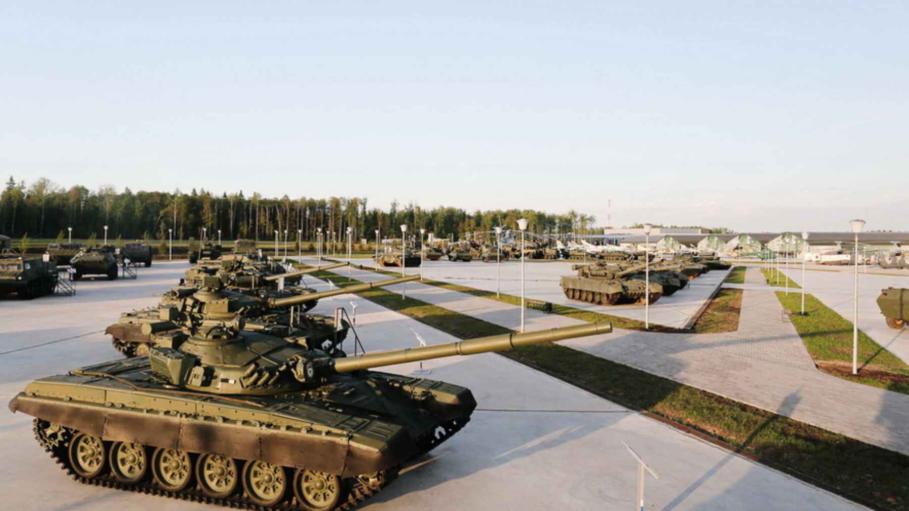 Military vehicles on display at Russia's Patriot Park, representing defense exhibitions, interactive combat ranges, and theme park attractions.