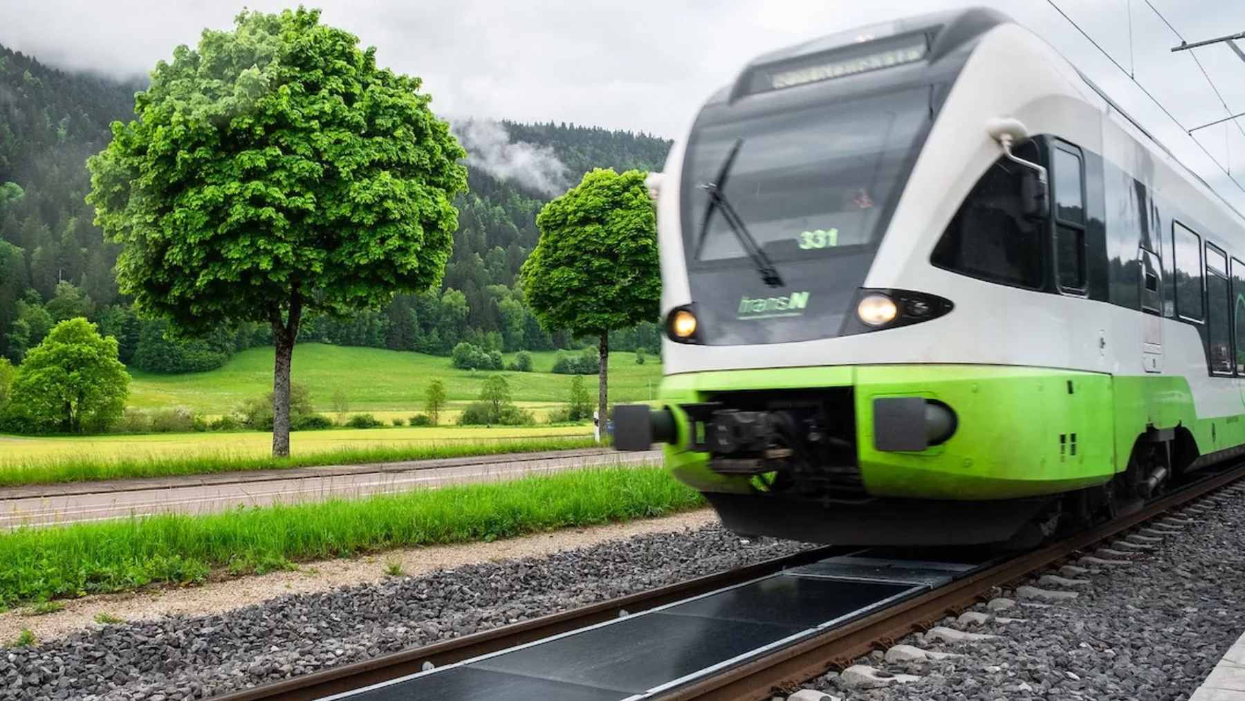 Removable solar photovoltaic panels installed between active railway tracks in Switzerland by startup Sun-Ways.
