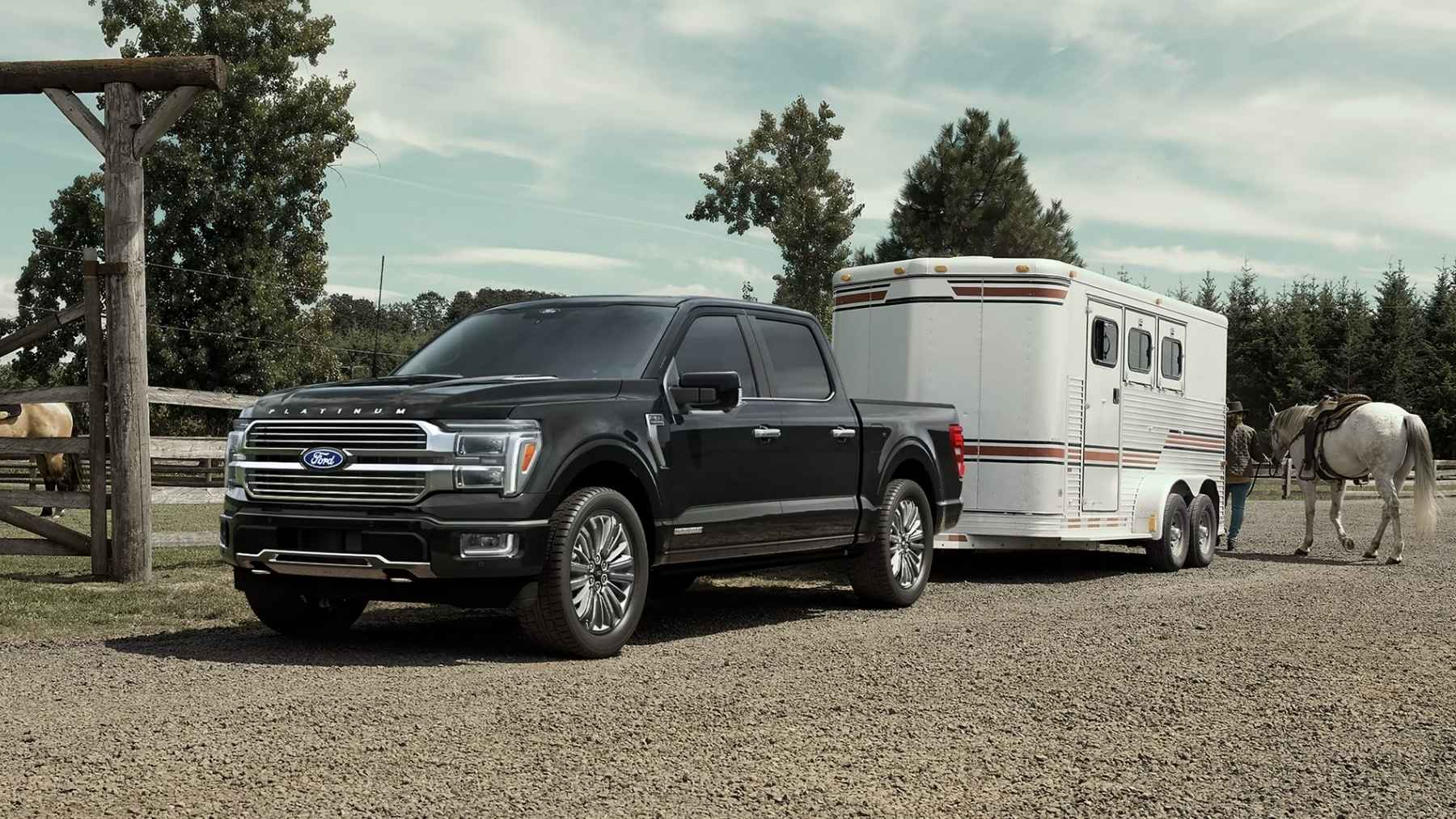 A side-by-side comparison of a Tesla Cybertruck at a residential charging station and a Ford F-150 at a gas station, representing fuel cost differences.