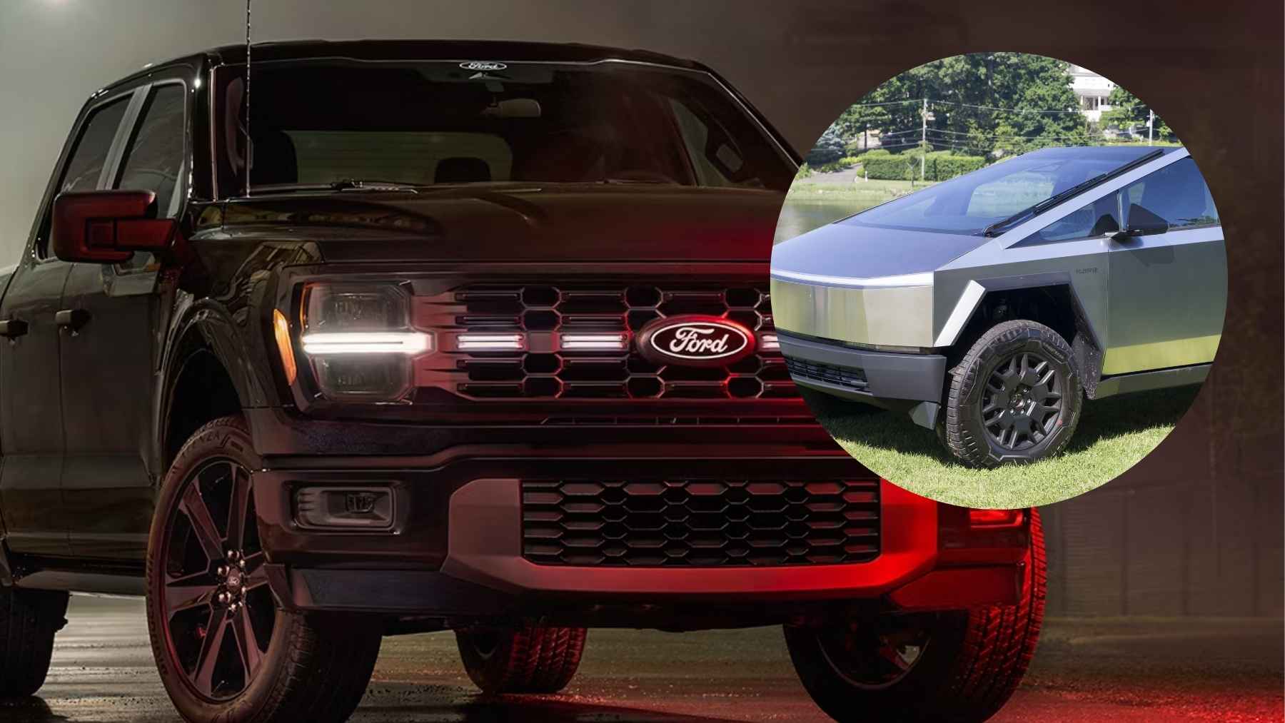 A Tesla Cybertruck and a Ford F-150 parked side by side, representing electric versus gasoline pickup truck operating costs.