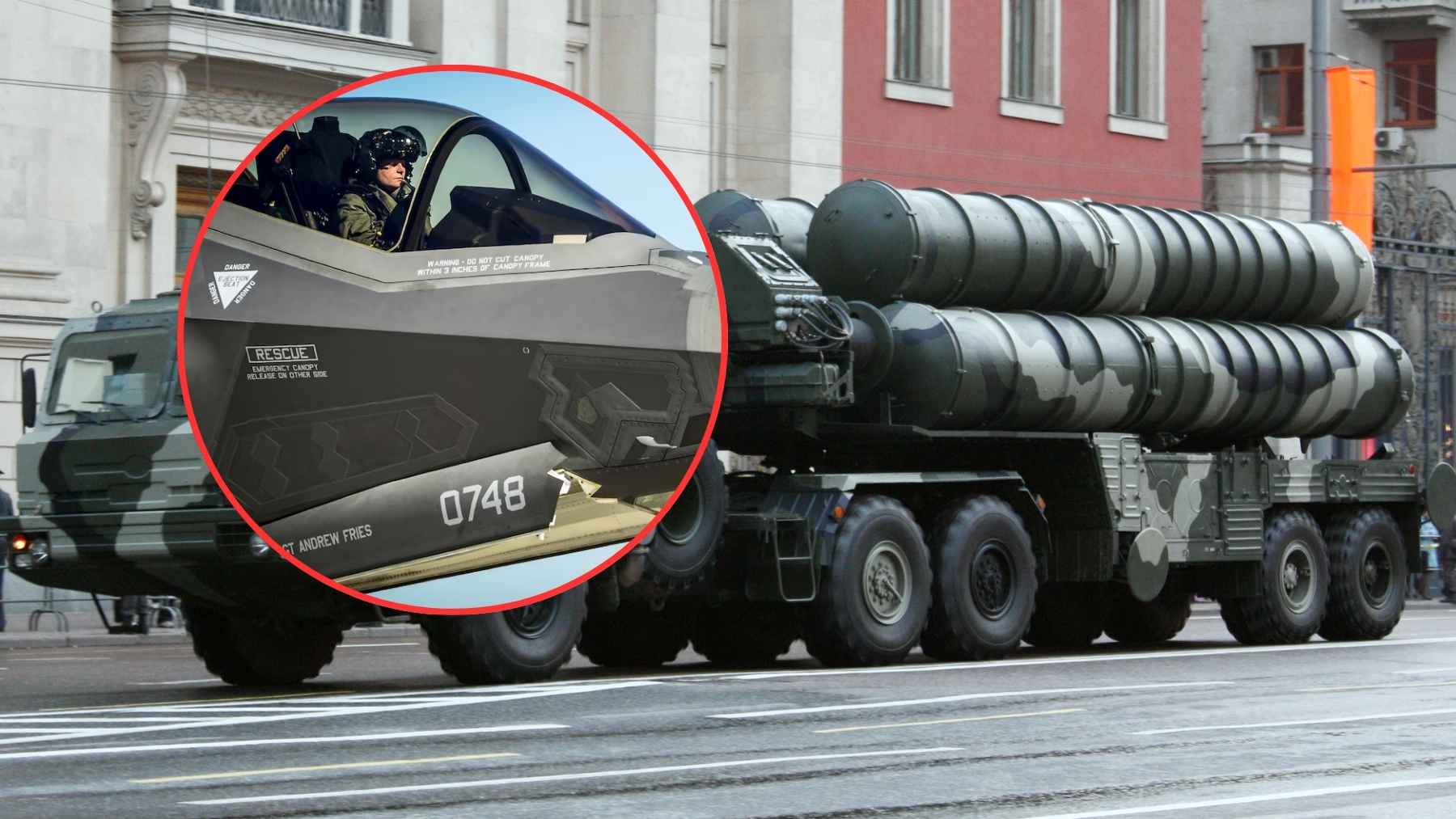 A Russian S-400 missile defense system launcher displayed outdoors during a military exhibition.