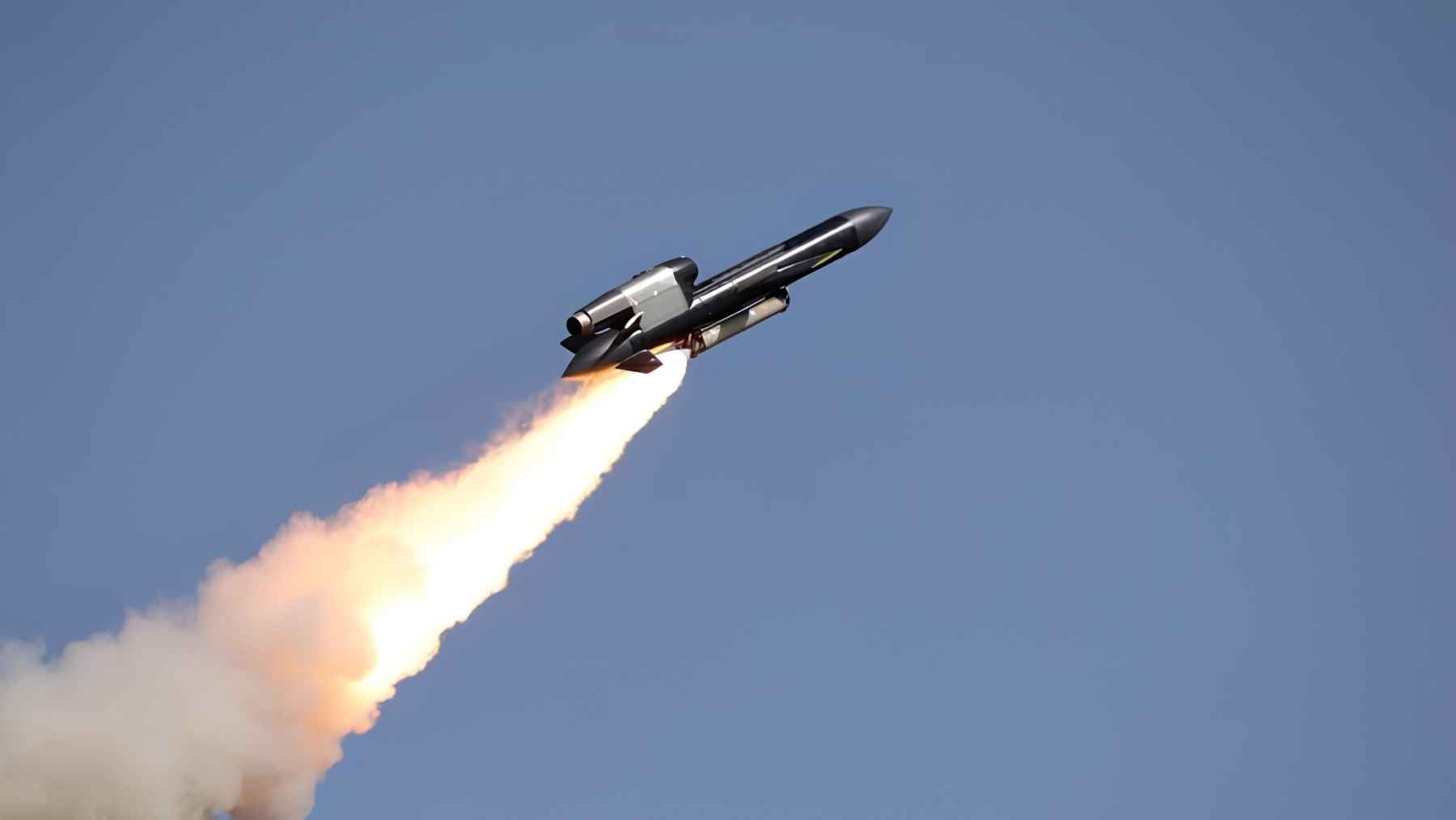 A high-tech view of modern cruise missile defense technology and aerospace manufacturing facilities.