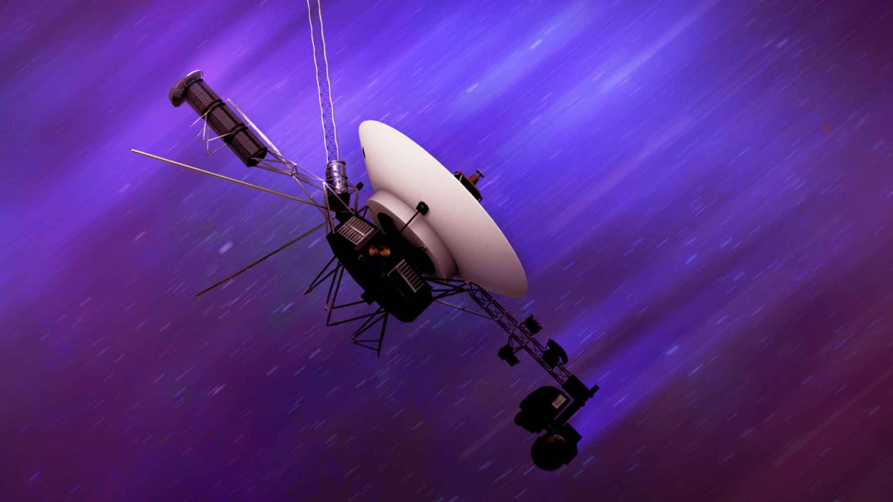 An artistic illustration of the Voyager 1 spacecraft traveling through deep interstellar space away from our solar system.